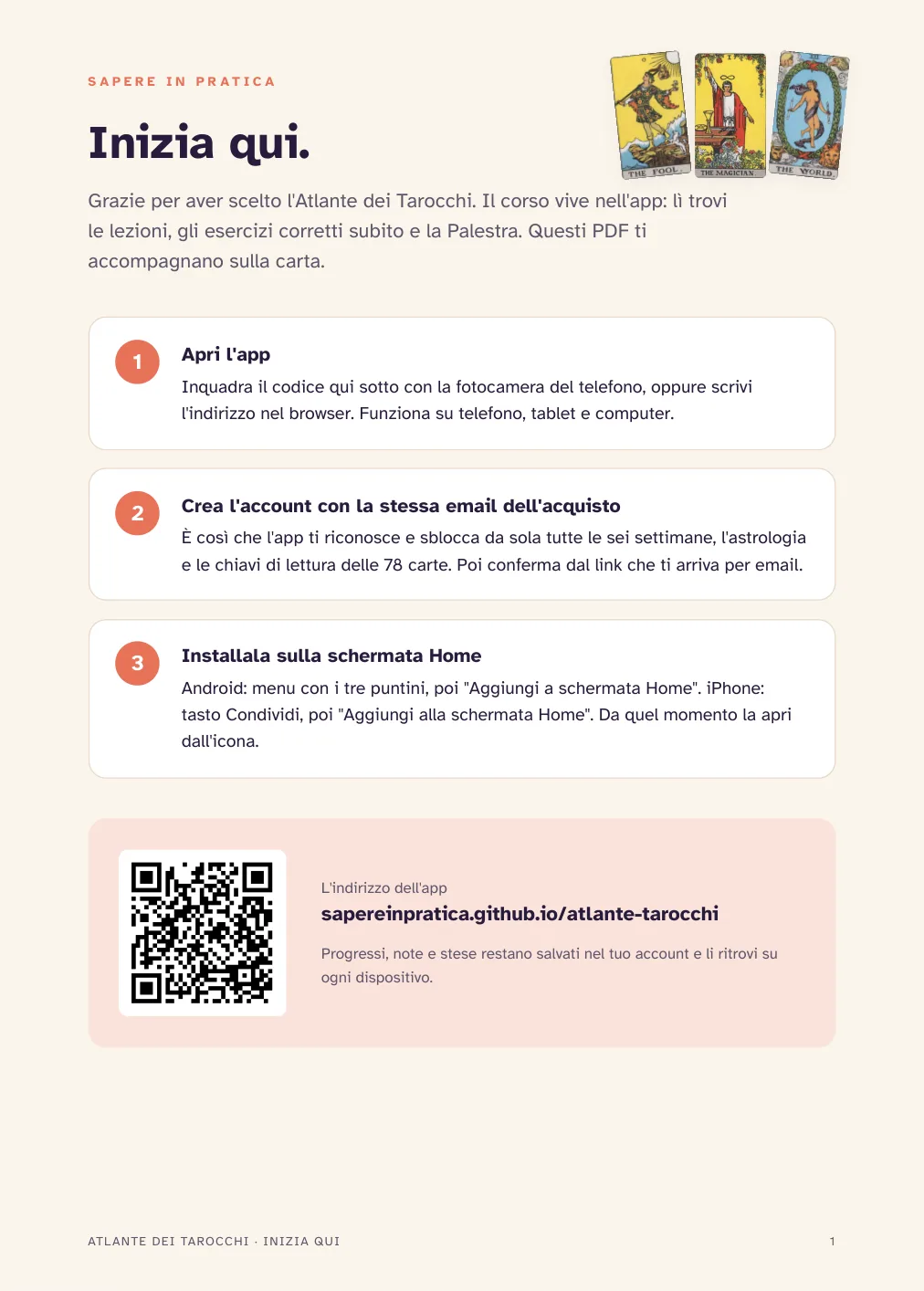 La pagina Inizia qui con i tre passaggi per aprire l'app